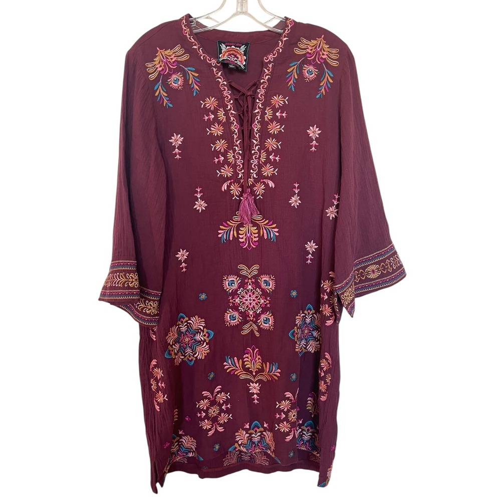 Johnny Was Burgundy Embroidered Tunic Dress Boho Wine Womens Size Small‎